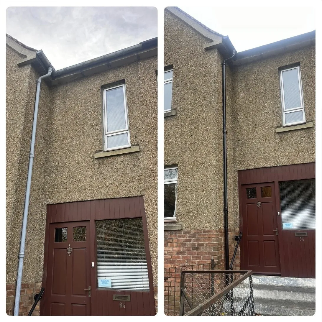 The same harled terrace before and after, the old grey downpipe and gutter replaced in black